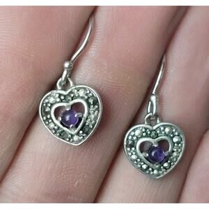 Vintage Sterling Silver Marcasite And Amethyst Heart Dangle Earrings 925
